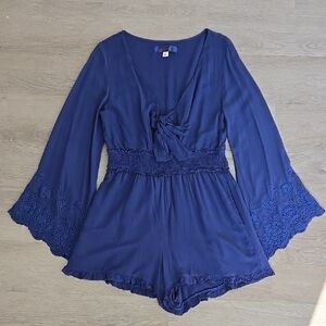 Francesca's Blue Rain Navy Embroidered Long sleeve Romper Size L